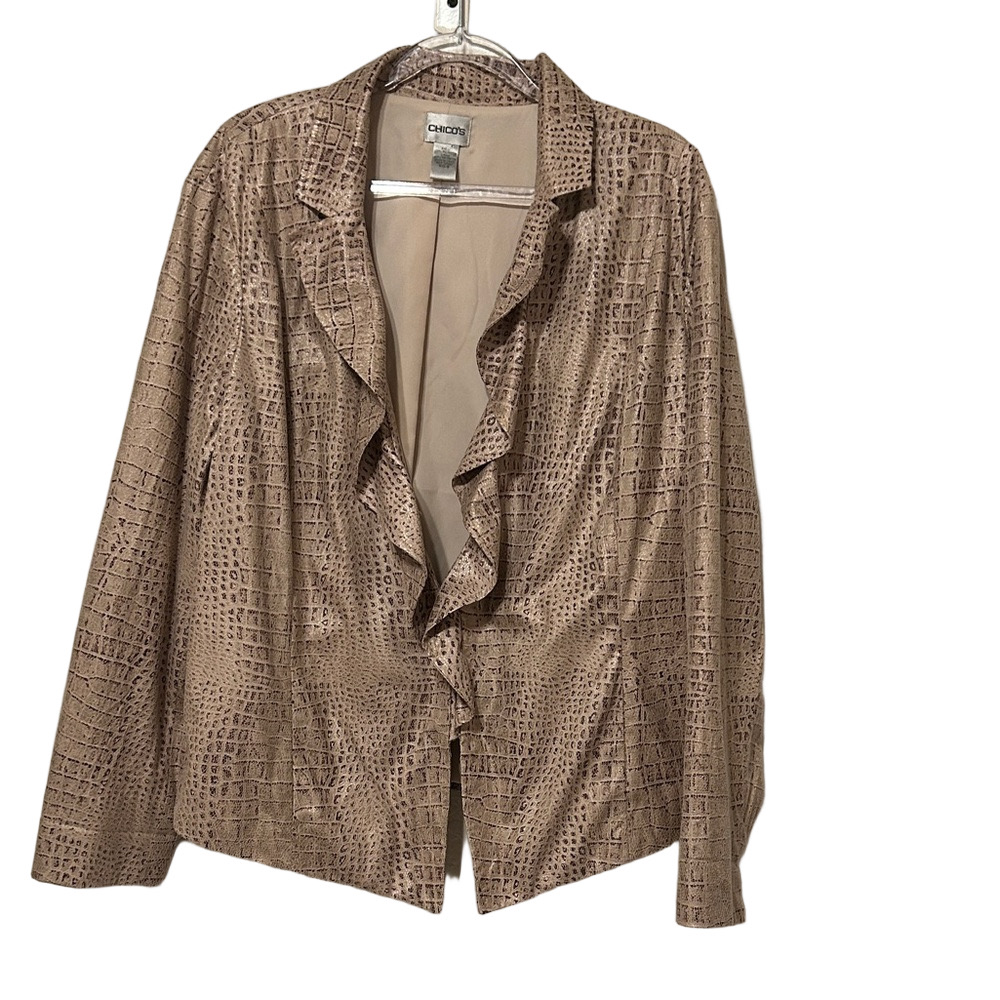 🎻Chico's Brown beige faux snakeskin long sleeve ruffle Blazer size 3 GUC..